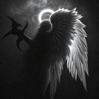 The primary subject of the image is a dark angel with white wings, standing in a dark and cloudy sky. The setting is a nighttime scene with a moon visible in the background. The visual style is a combination of digital art and illustration, creating a dramatic and mysterious atmosphere. The dominant colors are black, white, and gray, with the white wings of the angel standing out against the dark background.